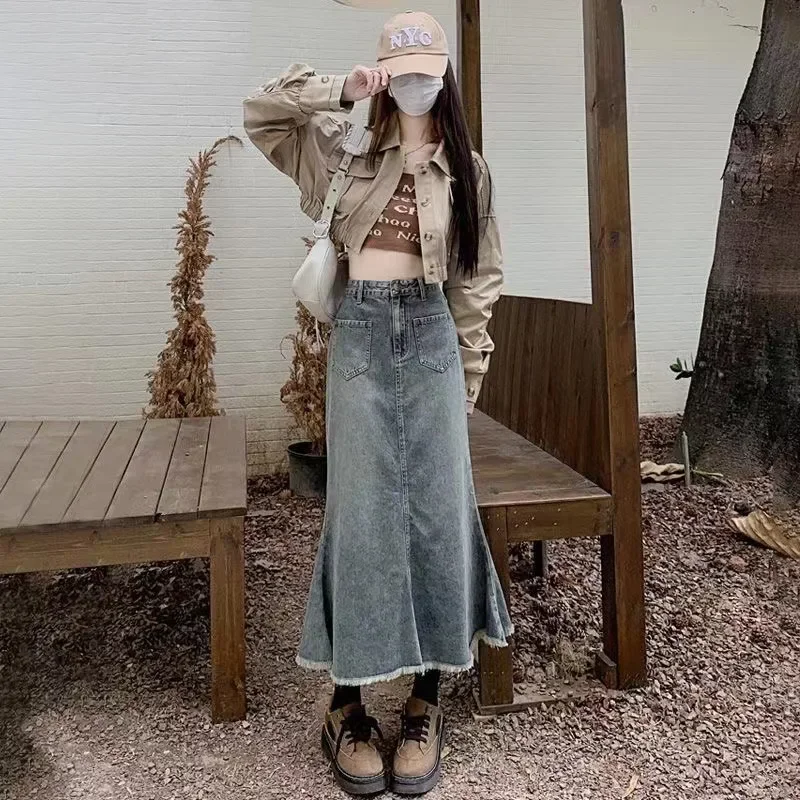

Vntage Ankle Length Jeans Skirts Summer New Fashion Casual Trendy High Waist A-line Light Blue Denim Skirts Female Streetwear