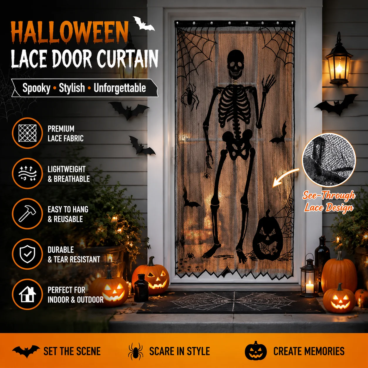 Halloween Skeleton Lace Door Curtain Black Skull Spider Bat Pumpkin Window Curtain For Ghost Party Home Wall Decorations