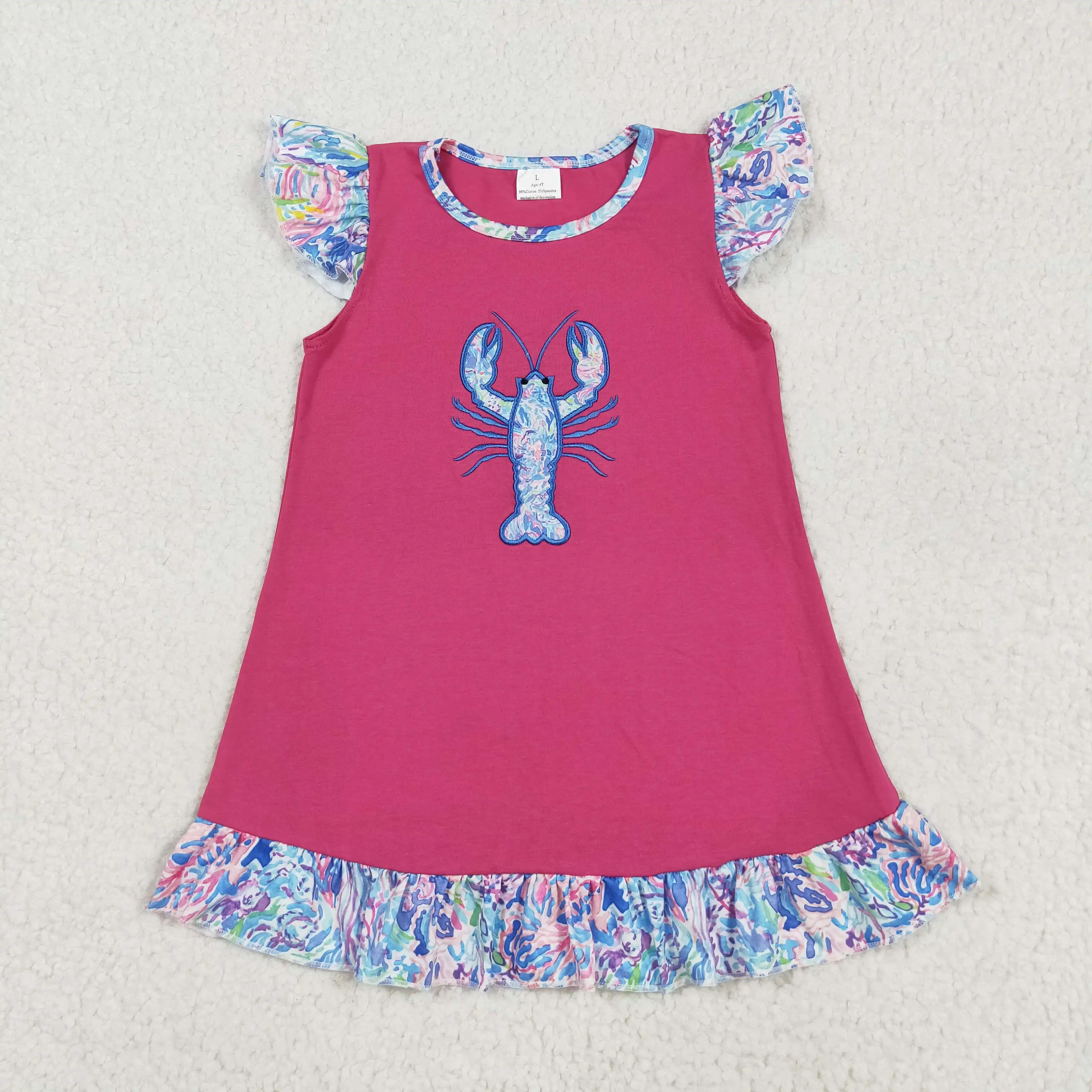 

Baby Girls Floral Crayfish Embroidery Dress with Flutter Sleeves Hot Pink Knee-Length Ruffle Girls Dress Watercolor Seaweed