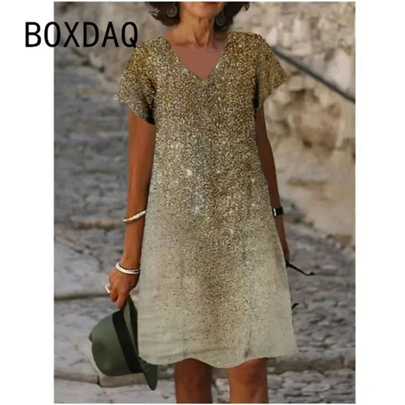 Gold Gradient Dot Printed Women's Dress Fashion Summer Sexy V-neck Dress Ladies Casual Loose Short Sleeve A-Line Dress Vestidos