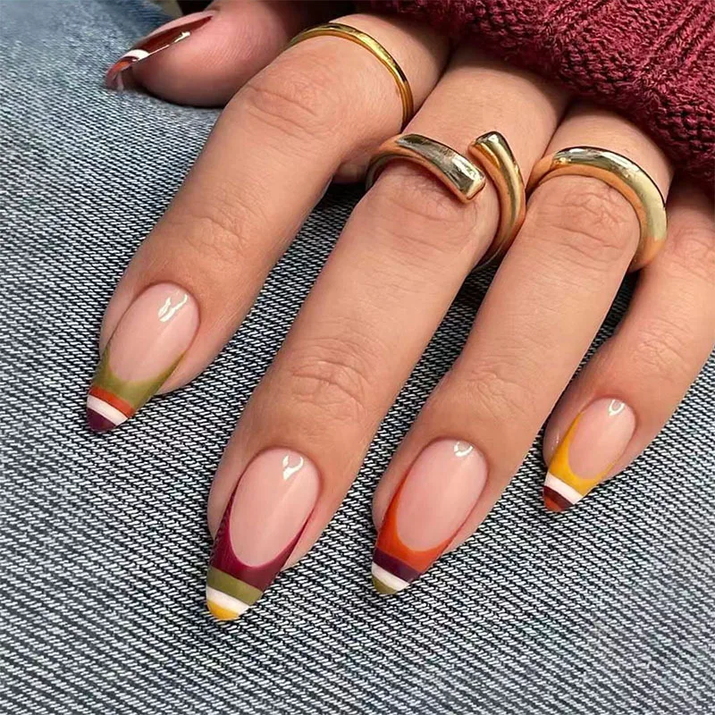 

24Pcs Mid-length Almond Full Cover Nails Tips with Colorful Stripe French False Nails Detachable Artificial Press on Fake Nails
