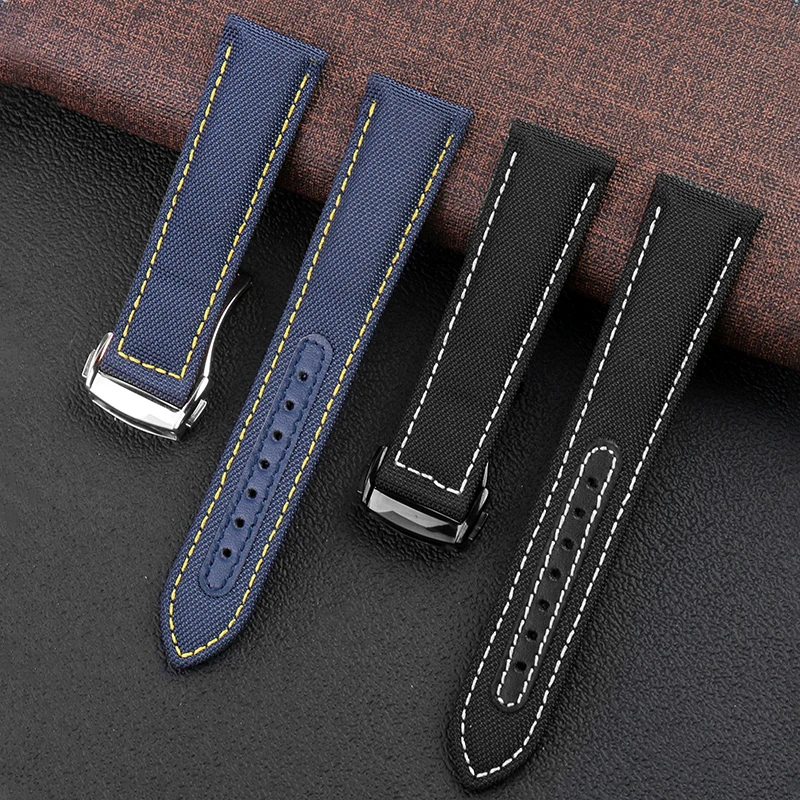 High Quality Canvas Watchband Cow Leather Watch Strap for Omega Seamaster Speedmaster 300 310 AT150 19mm 20mm Bracelet image 2