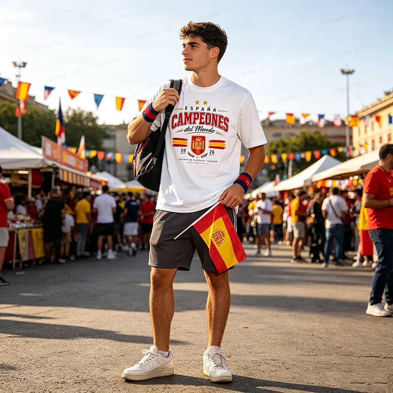 Spanien Fußball-Champions Fan-Shirt mit Wildem Stier und Fußball, Spanisches Spieltag-Geschenk-T-Shirt für Männer und Frauen, Espana Campeones Del Mundo – Detail 5