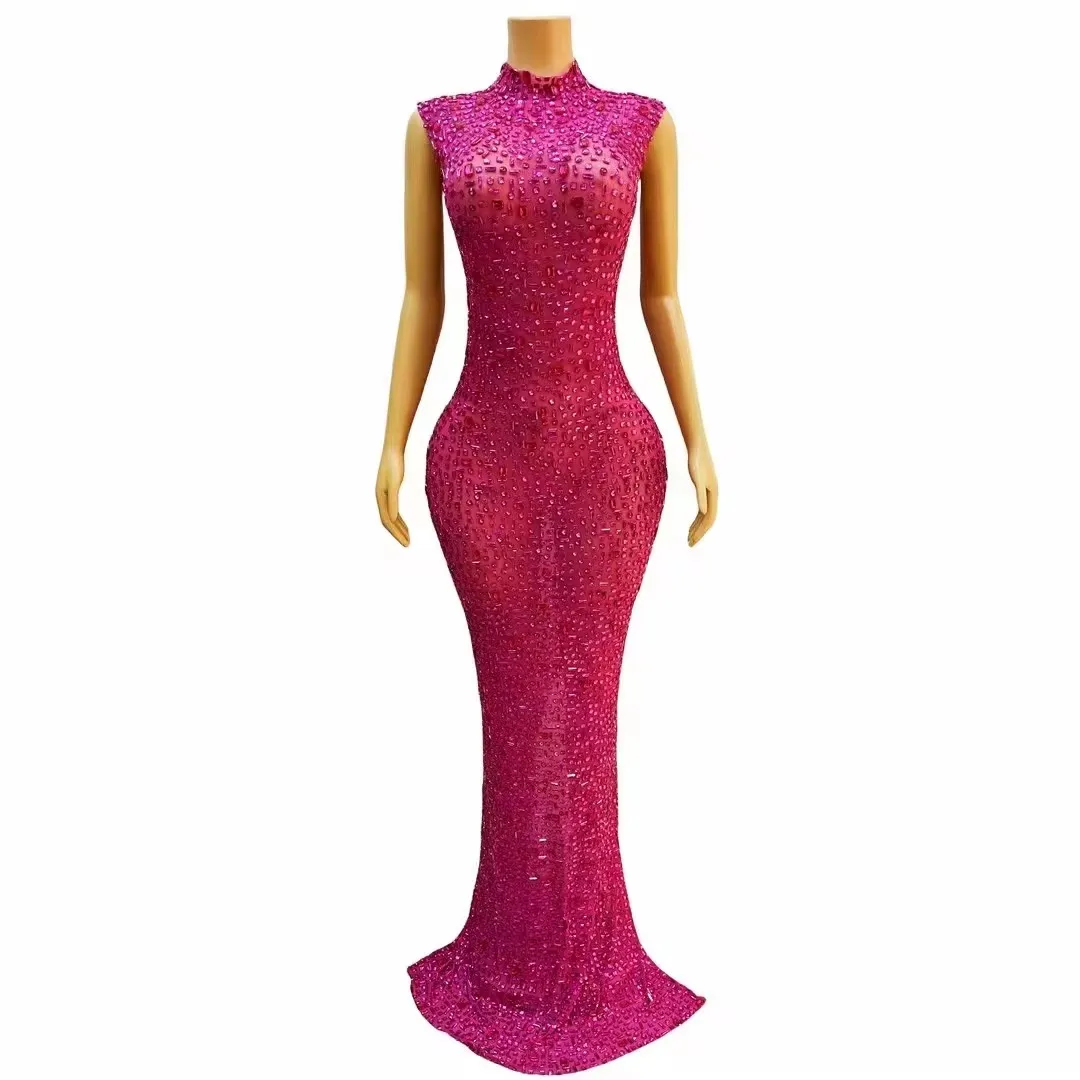 Rose Crystal Long Dress Luxurious Birthday Prom Celebrate for Women Singer Concert Model Catwalk Transparent Gown Stage Costume