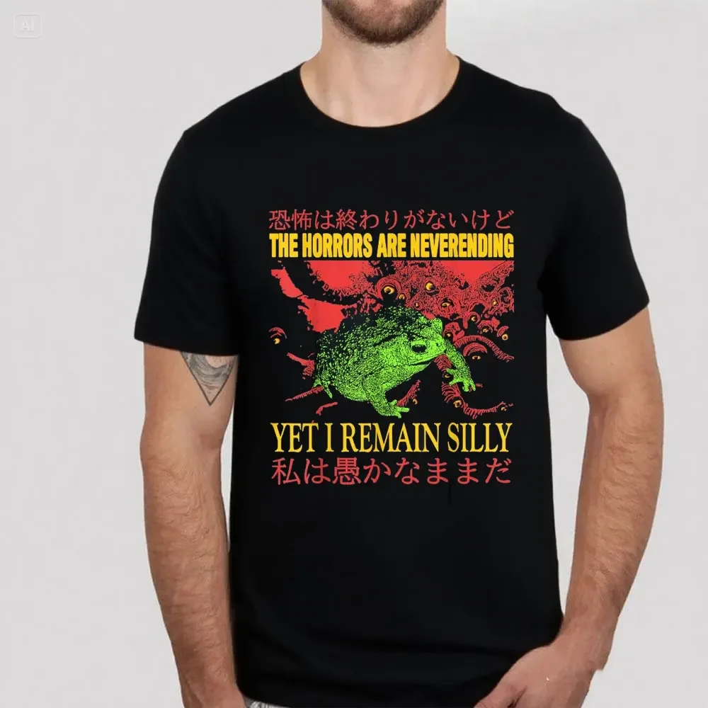 

Men T-shirt Vintage The Horrors Are Never Ending Frog Frog Horror T-Shirt Inkjet Print Tees Summer Cotton Shirt Streetwear Topd