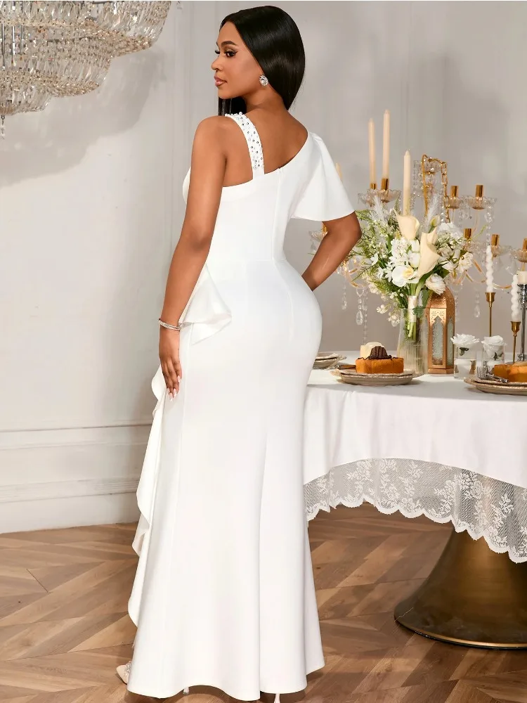 White Elegant One Shoulder Maxi Dress Asymmetric Ruffle Rhinestone Accents Vintage Perfect for Formal Events Weddings or Galas