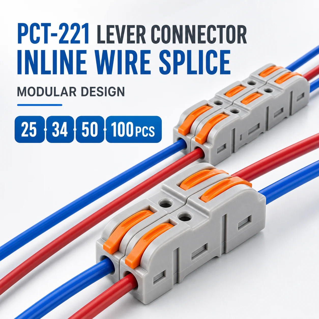 25/34/50/100PCS PCT-221 Lever Wire Connectors Inline Splicing Terminal Block Modular Cable Joiner for LED Electrical Wiring ```