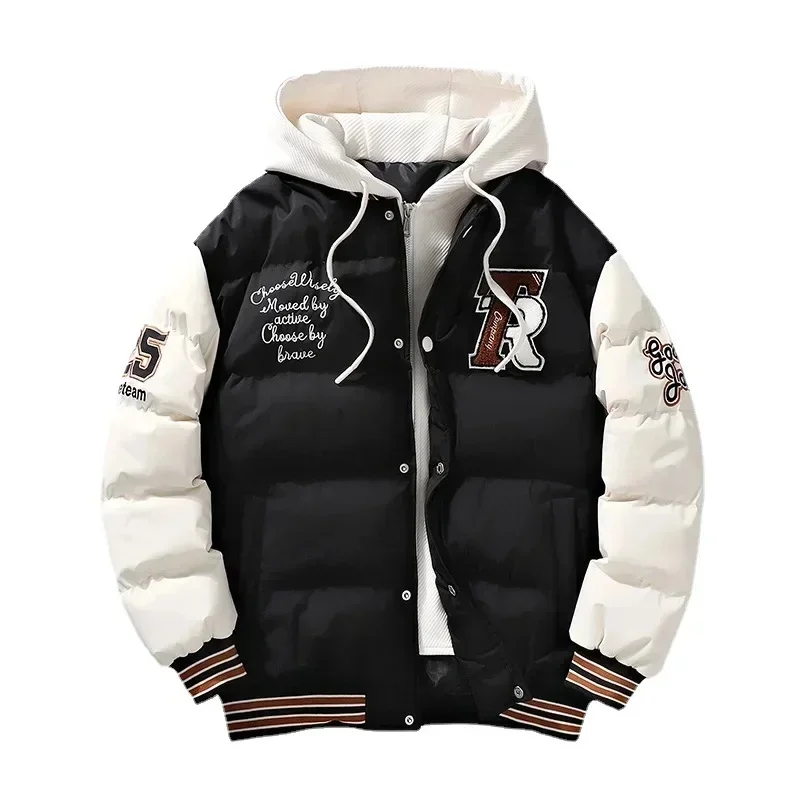 New Fake Two-piece Hooded Cotton Coat Fashion Thickened Baseball Jacket Winter Outdoor Warm Coats Luxury Brand Clothing