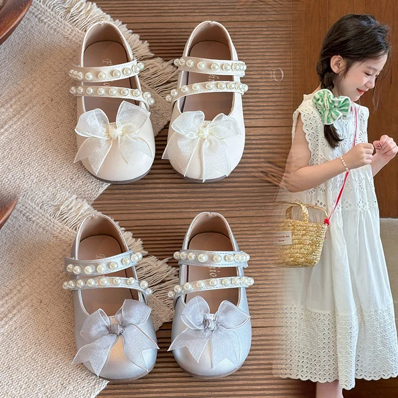 Kids Flat Shoes Sweet Lace Bows Girls Leather Shoes Versatile Korean Style 2026 Brand New Children Casual Shoes Round Toes