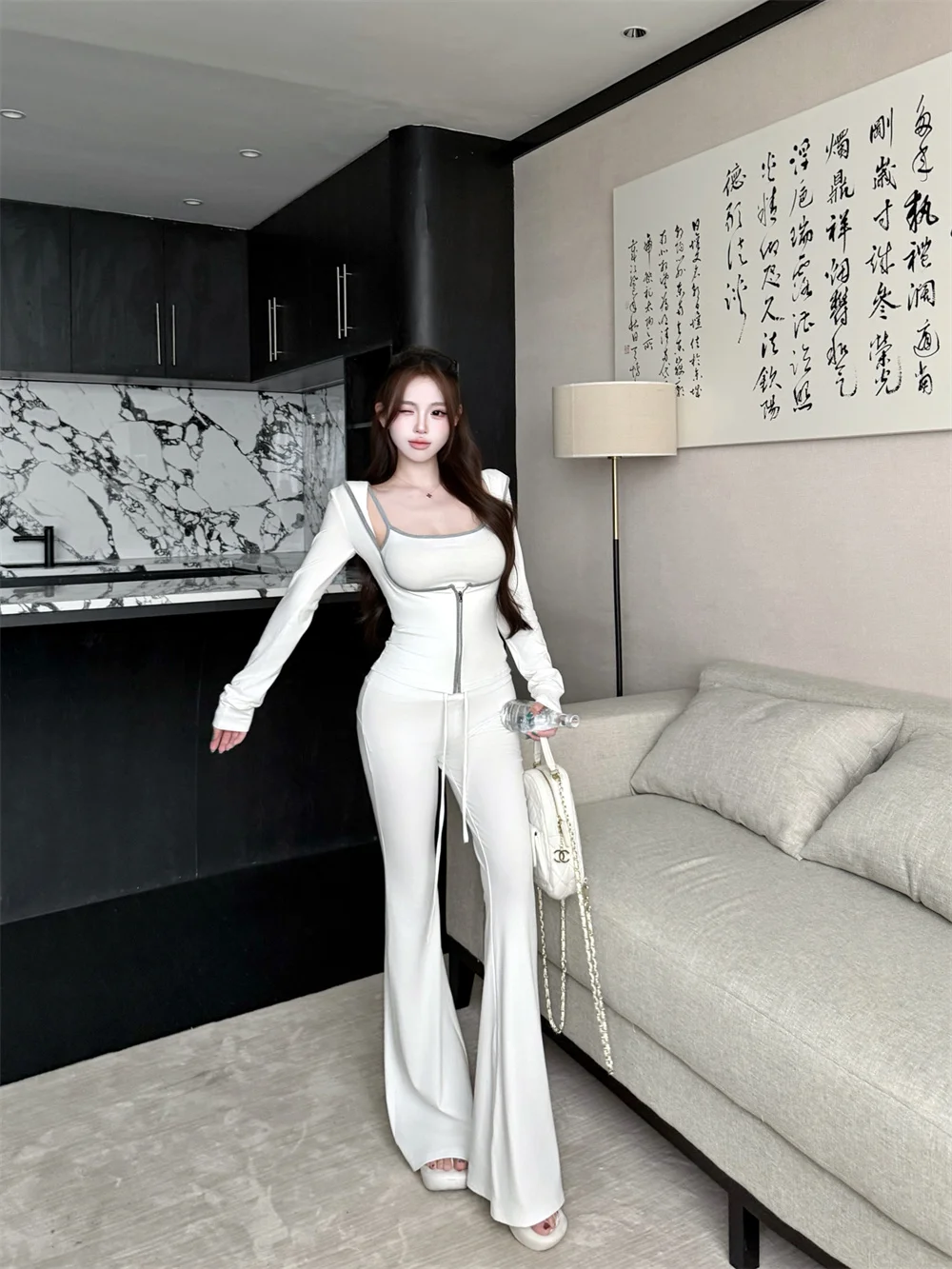 White Hooded Long Sleeve Open Cardigan Inner Short Strap Vest Women Summer Pure Desire Set Flared Pants Two Piece Set view 2