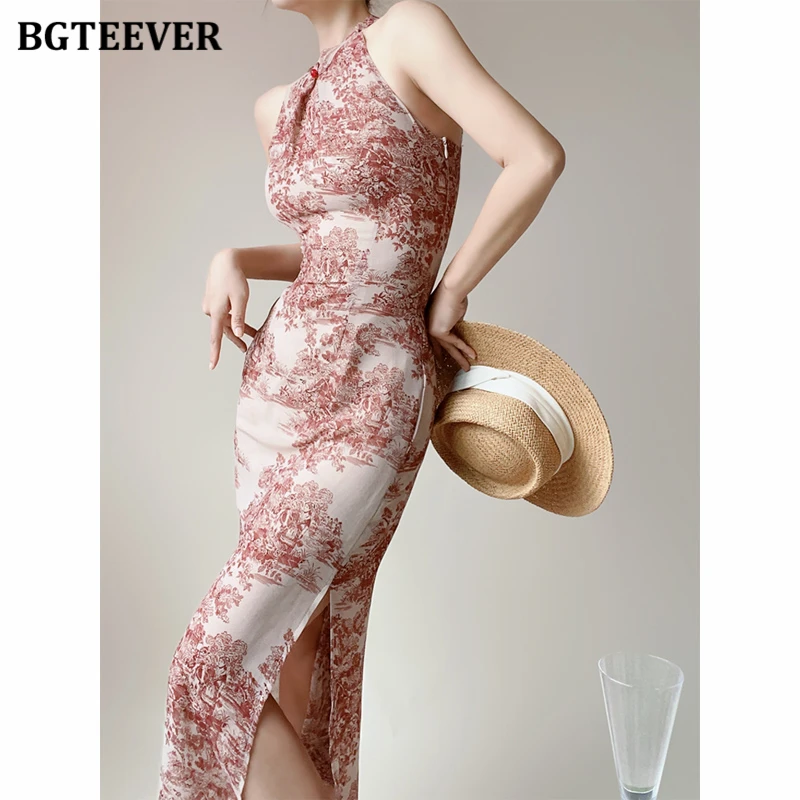 BGTEEVER Elegant Split Printed Bodycon Cheongsam Dress Women Slim Waist Sleeveless Package Hip Female Midi Dress Summer