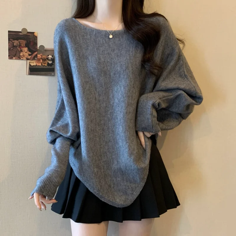 Maglione lavorato a maglia da donna Pullover tinta unita a maniche lunghe con maniche a pipistrello irregolari