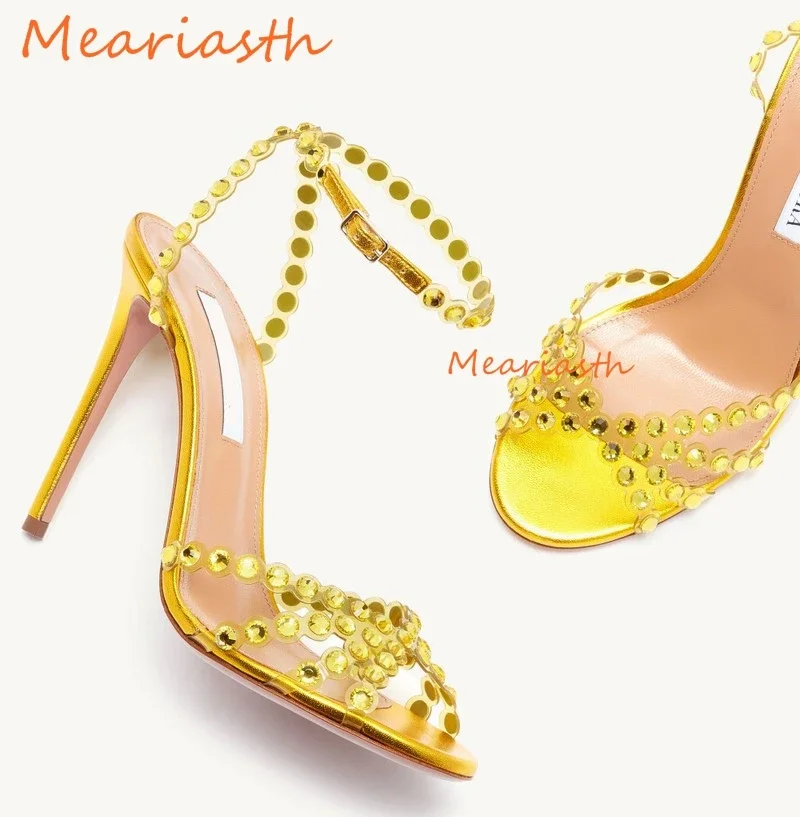 sexy Peep Toe Rhinestone PVC Crystal Sandals Women Summer Stilettos High Heels Ankle Strap Diamond 2022 New Big Size Party Shoes