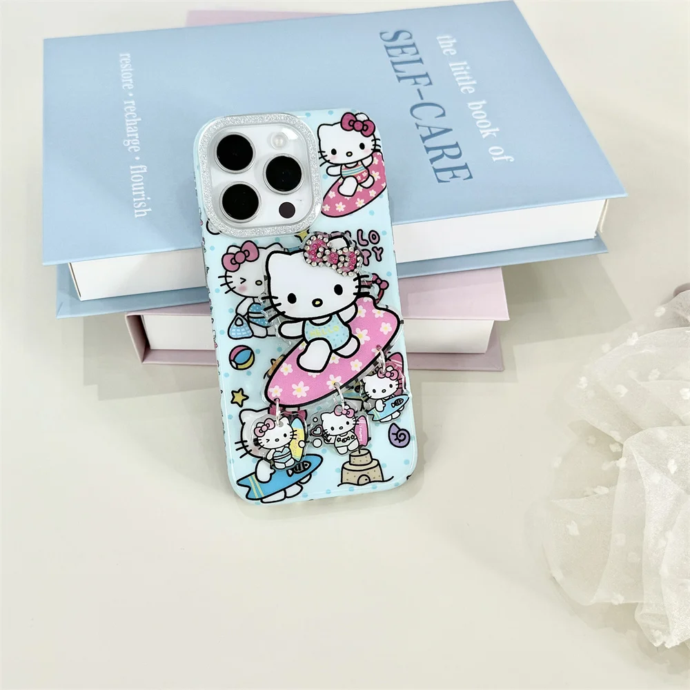

Flash Diamond Hello Kitty with Holder Charm Phone Case for iPhone 15 14 16 Pro Max 13 Fundas Cartoon New Protective Back Cove
