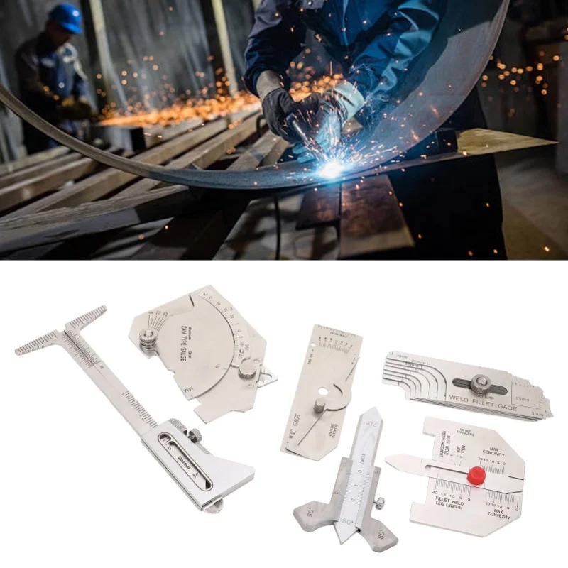 

6Pcs Weld Gauge Set Fillet Include Hi Lo Gauge Porosity Undercuts Checking Gauge Angle Measuring Tool