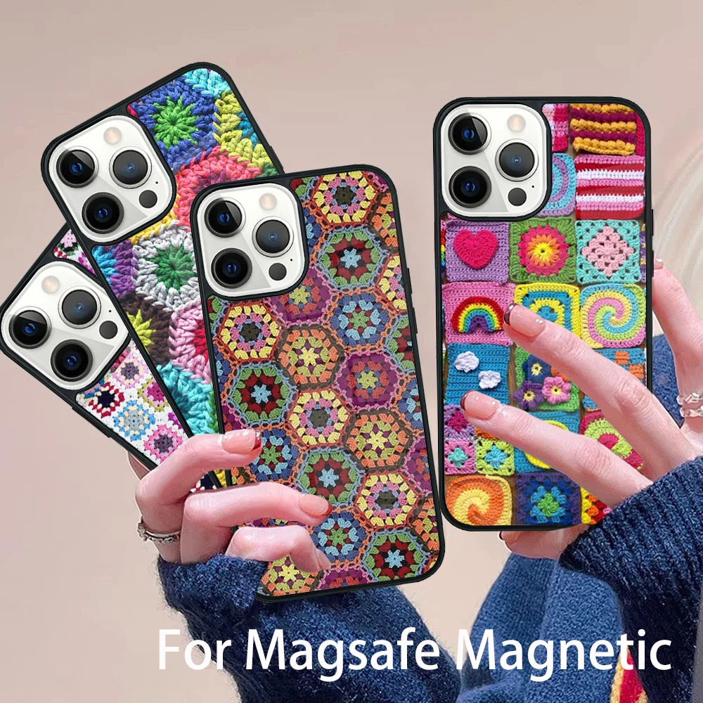 

Granny Square Crochet Phone Case Magesafe Magnetic Wireless Charge Cover For IPhone 16 11 12 13 14 15 Pro Max Plus Mini
