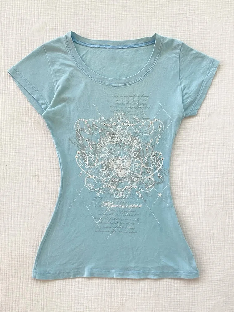 

Original Y2K Blue round Ne T-irt Slim Fit ort Sve Printed Casual Sle Cotton Blend Summer Top for Young Women