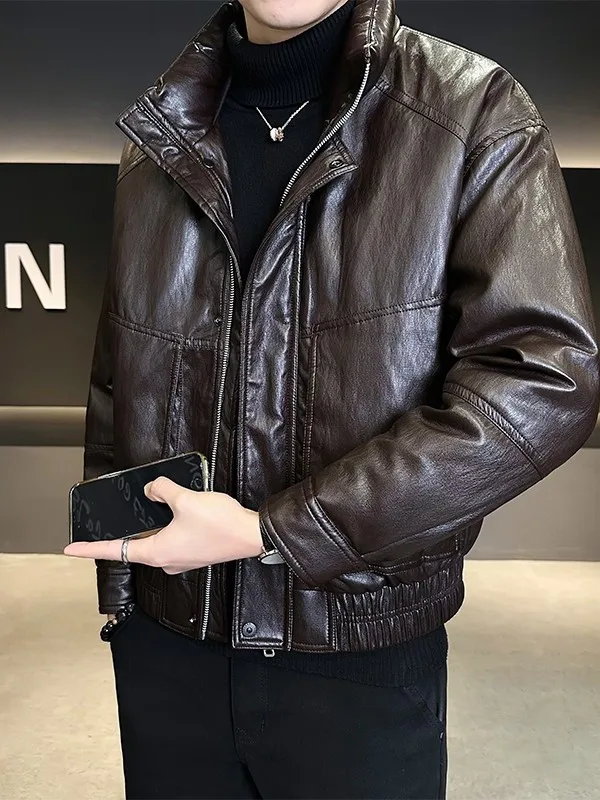 

High-End Men's ort PU Leather Jaet down Coat Faionable Winter Warmth Thermal Motorcycle Biker Coat Zipper Closure Thi...