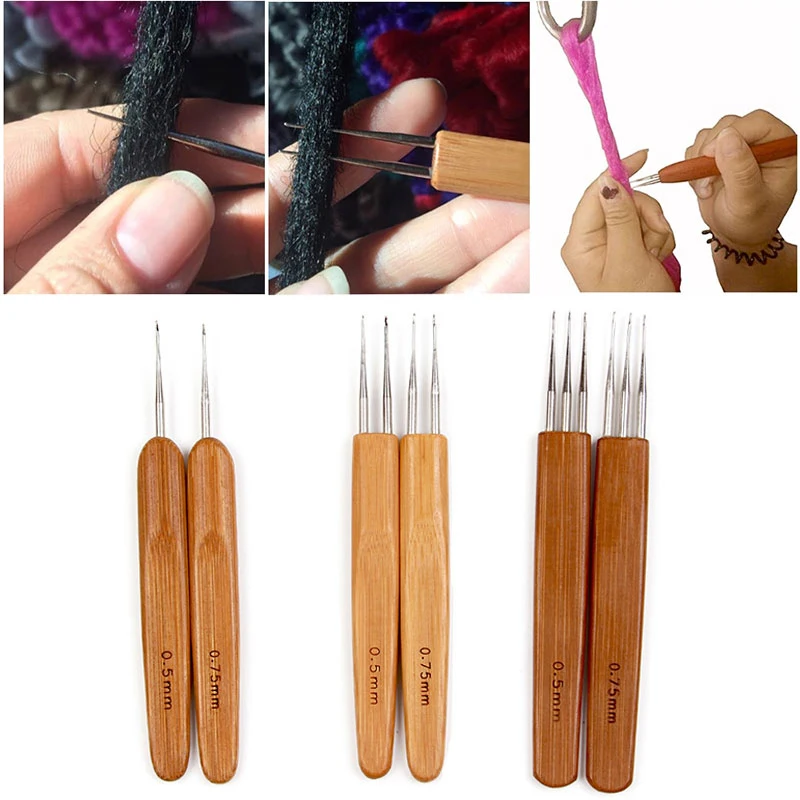 Profeesional Dreadlock Crochet Bamboo Handle Hook 0.5Mm 0.75Mm 1-Hook 2-Hooks 3-Hooks Needle For Dreads Lock Needle 1Pcs/Set YZL