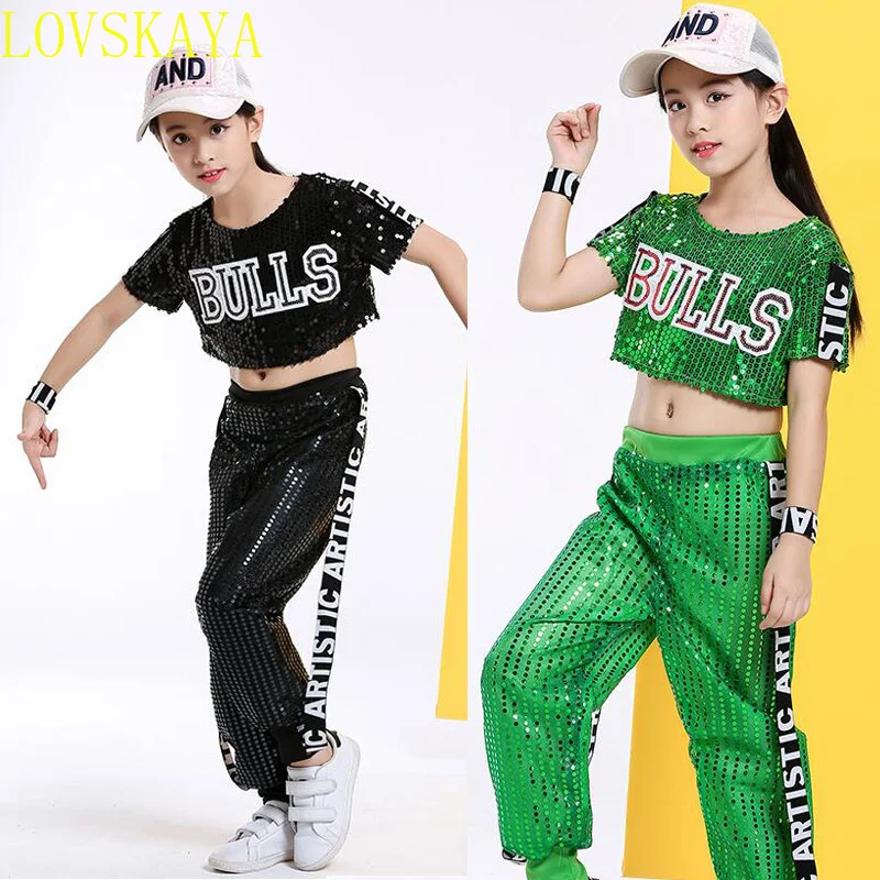 Ropa de Hip Hop con lentejuelas para niñas, traje de baile, pantalones, camiseta de Jazz para niños, ropa de escenario, trajes de baile de salón