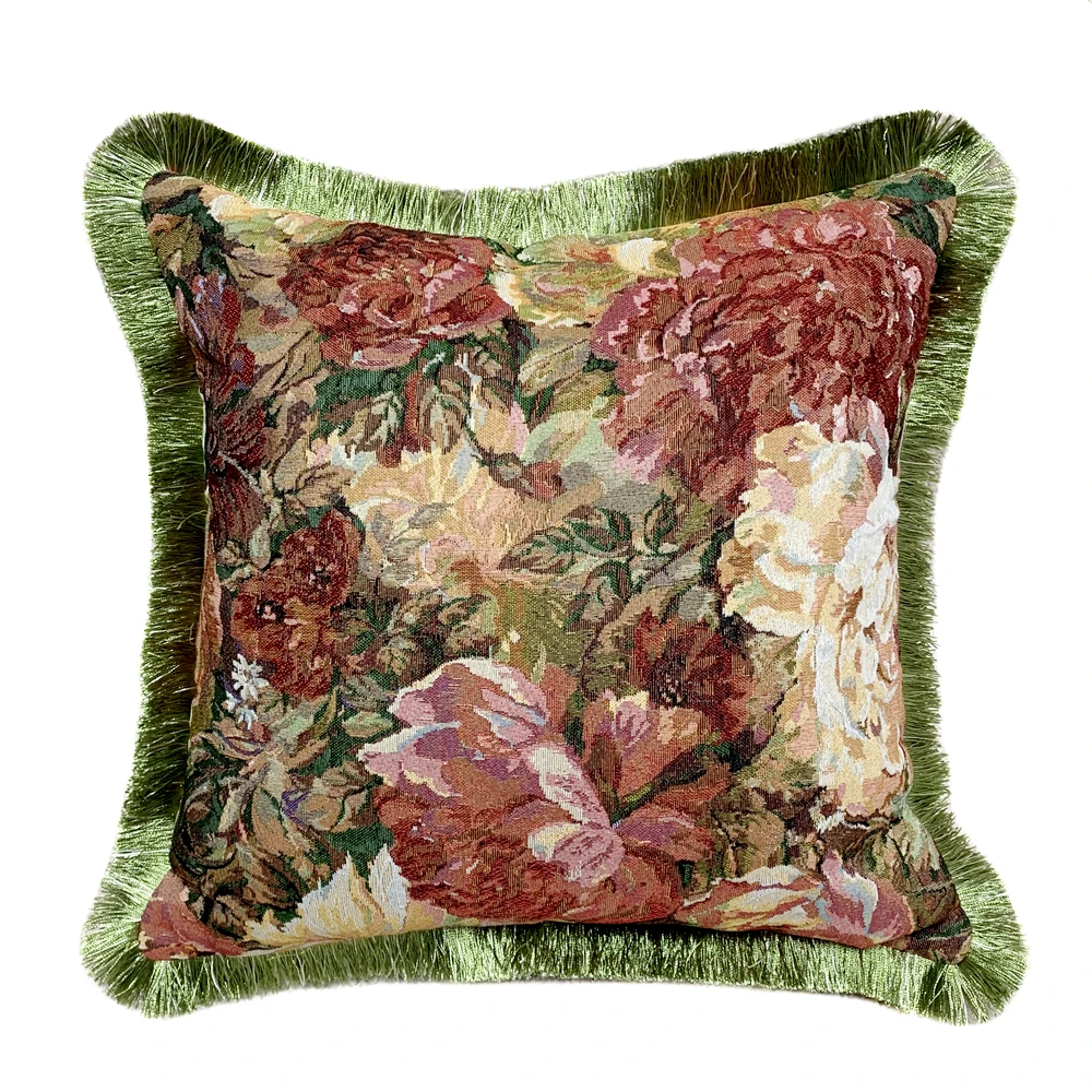 Vintage Woven Painting Florals Sofa Chair Green Fringe Cushion Cover Home Window Interior Decorative Pillow Case 45X45 Cm