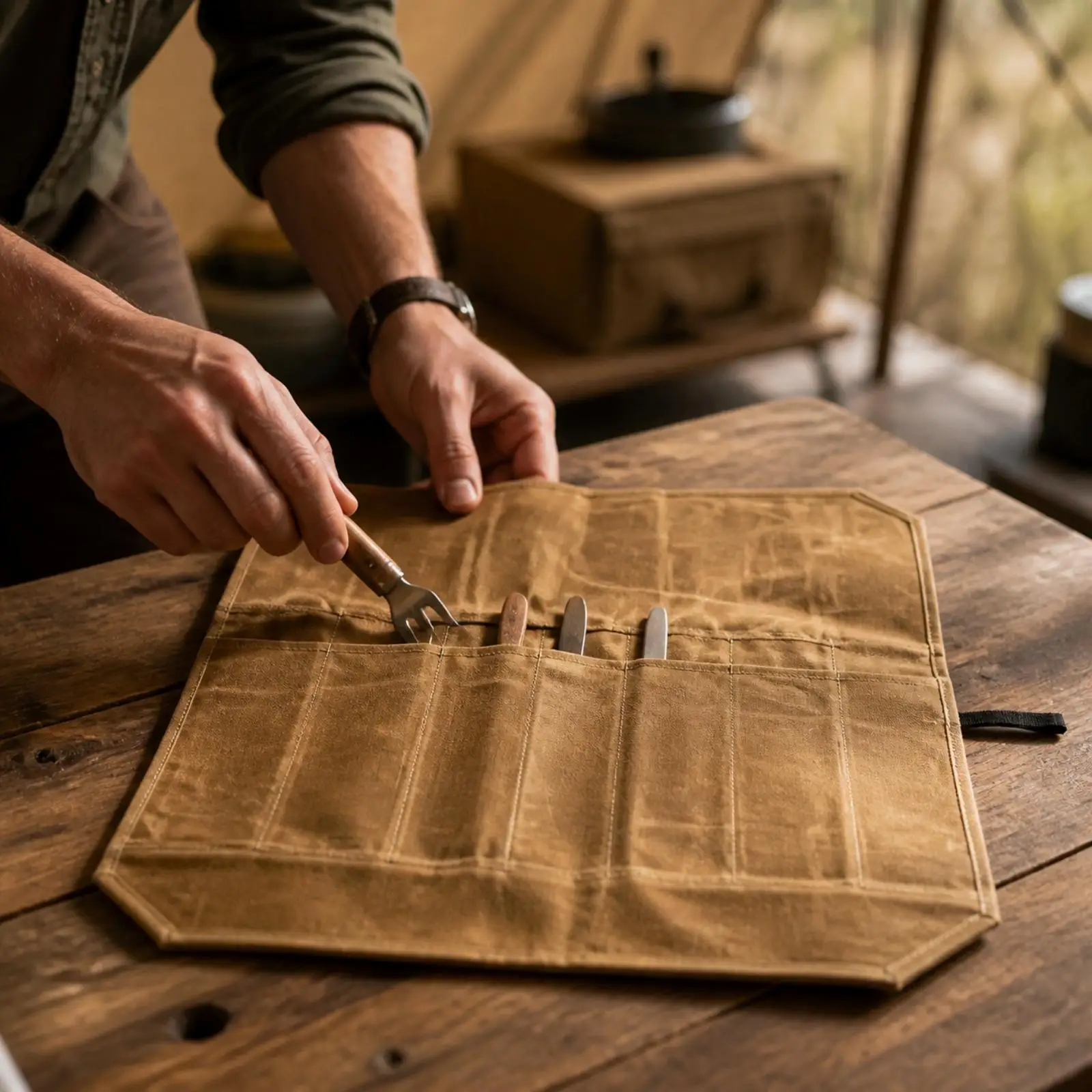 Waxed Canvas Knife Organizer Pouch with Vertical Slots for Chef Cutlery Storage Travel Roll