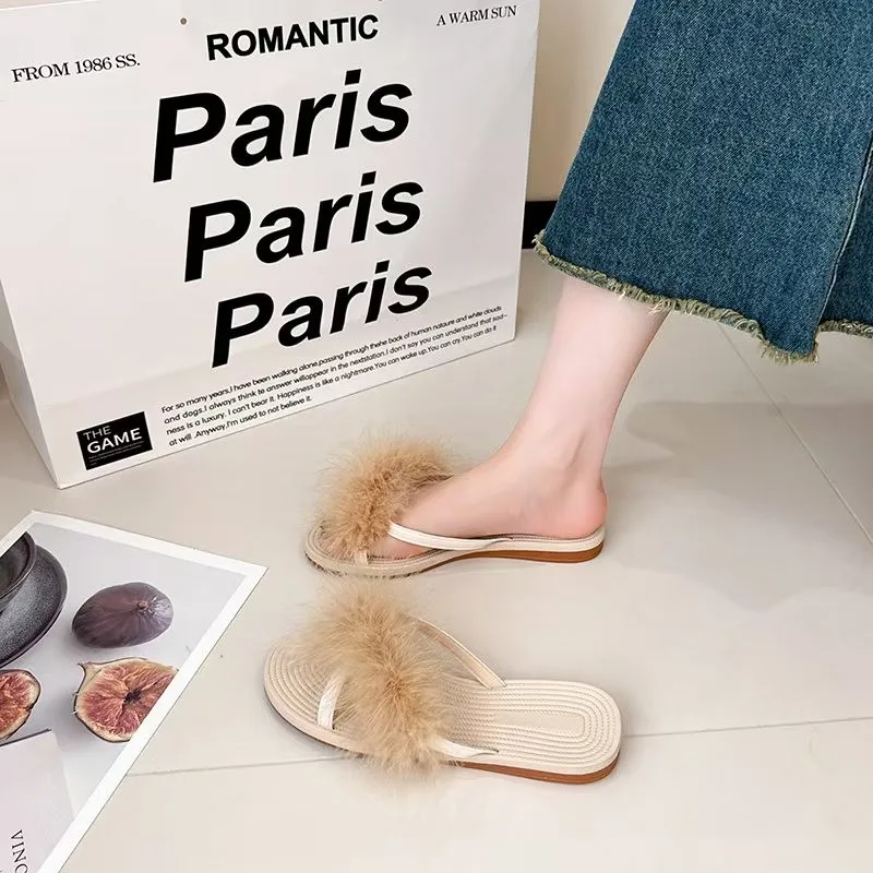 Summer Soft Skin-friendly Plush Decorative Comfortable Flat Flip-flops for Women 2026 New Trend Home Non-slip Large Size Slipper