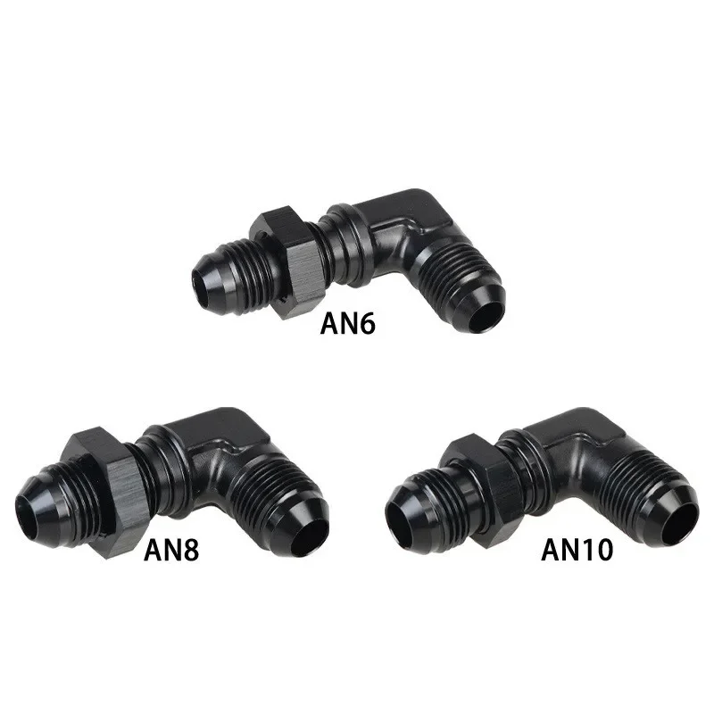 6AN AN8 AN10 Aluminum 90 Degree Male Flare Union Bulkhead Fuel Fitting with AN6 Bulkhead Nut, Black