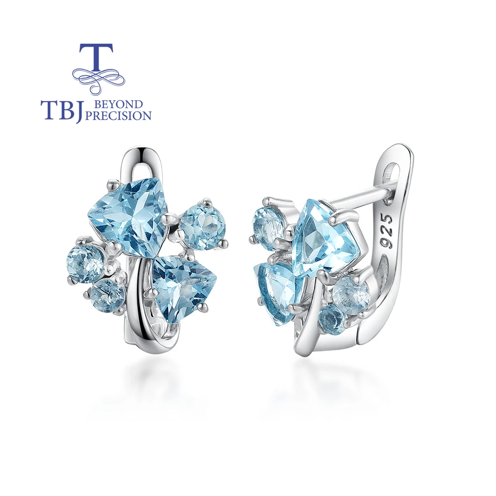 

TBJ,Gorgeous 925 sterling silver women's clasp earrings natural sky blue Topaz luxury jewelry for engagement and valentines wear