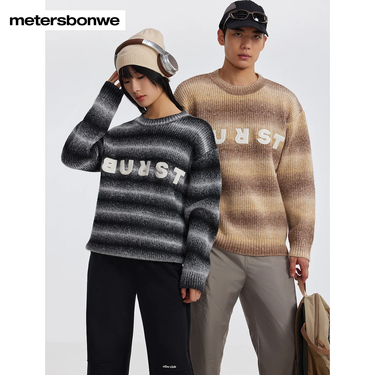 

Metersbonwe-Men Women Long Sleeve Gradient Stripe Sweater Loose Fit Good Anti Pilling Pullover Elegant Round Neck Lazy Style