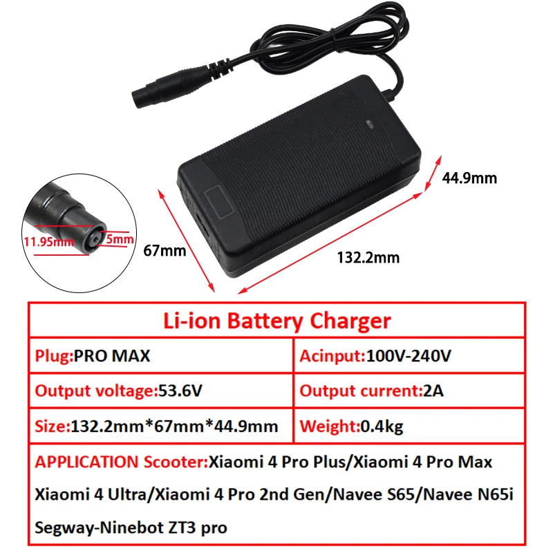شاحن بطارية ليثيوم أيون 53.6 فولت 2 أمبير 13S 48 فولت لشاومي 4 برو plus/4pro max/Segway-ninebot ZT3 pro/Navee S65/Navee N65i/Mi4 Ultra