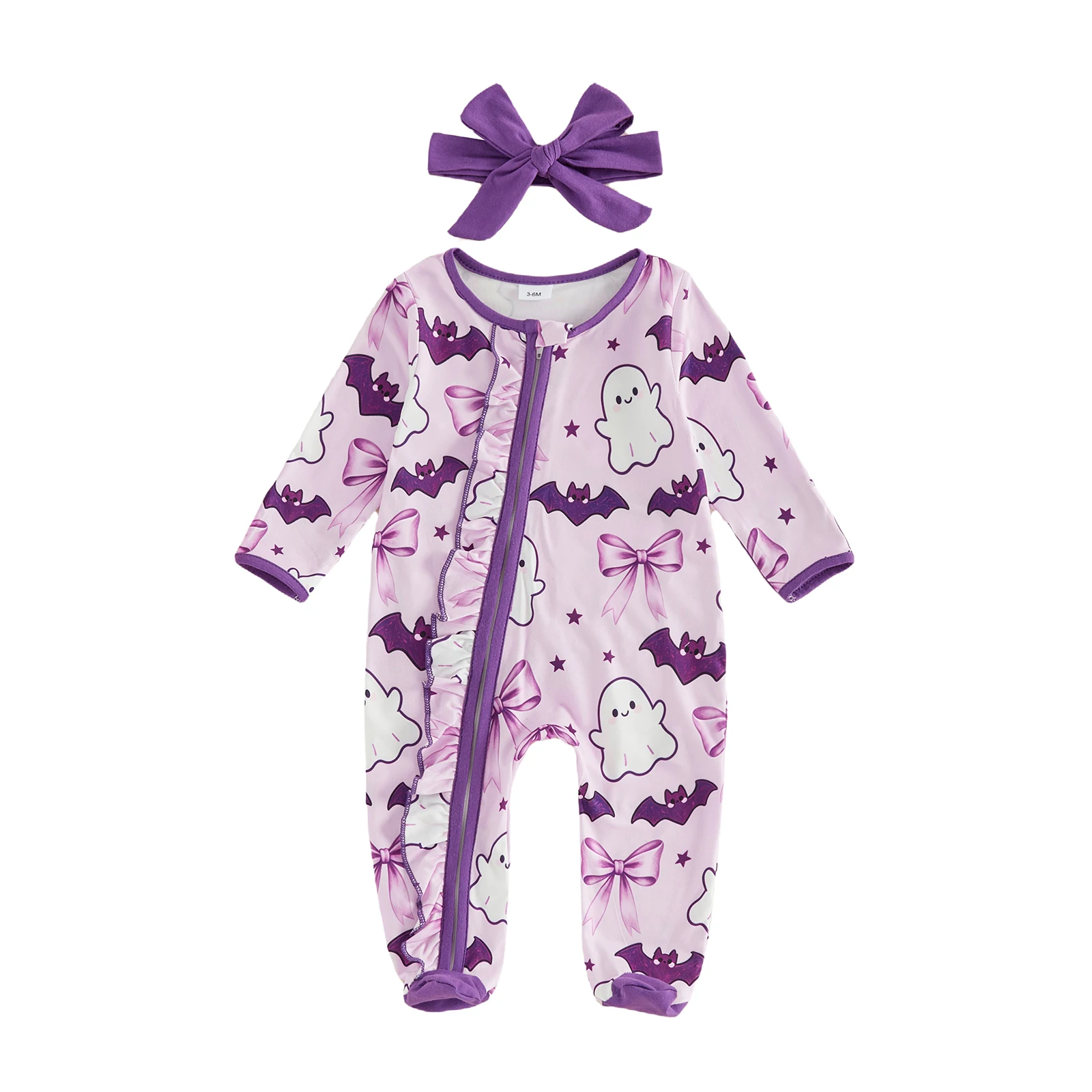 Baby Girls Halloween Footies Fashion Ghost Pumpkin Print Long Sleeve Zip Front Romper with Headband