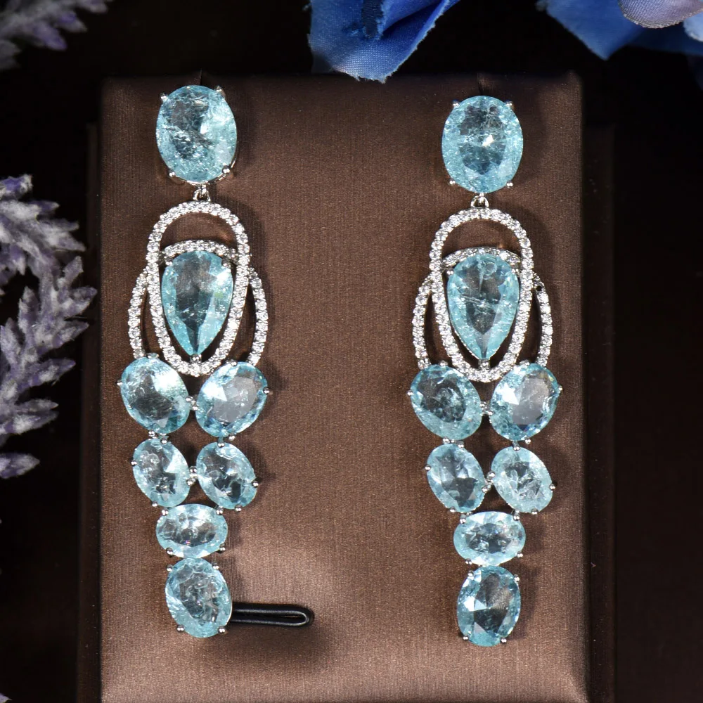 HIBRIDE Chic Europe Royal Cubic Zircon Light Blue Long Water Drop Dangle Earrings For Women Engagement Wedding Jewelry E-495