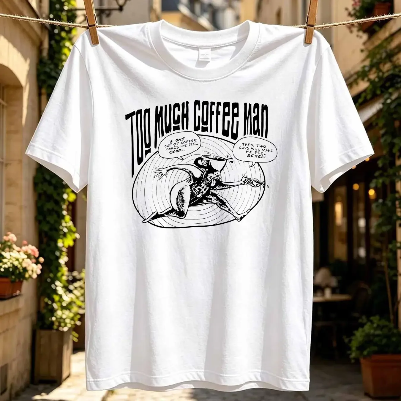 washed T Shirt 90s Too Much Coffee Man Comic Shannon Wheeler Cartoon Extra Large vintage Washed homme Stretched Comfortable