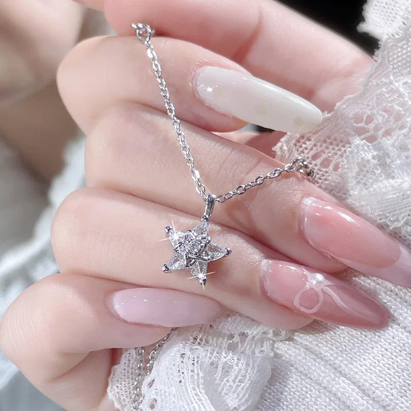 Original Design 925 Sterling Silber Symmetrie Zirkon fünfzackigen Stern Anhänger Halskette für Frauen Schlüsselbein Kette Schmuck Geschenke