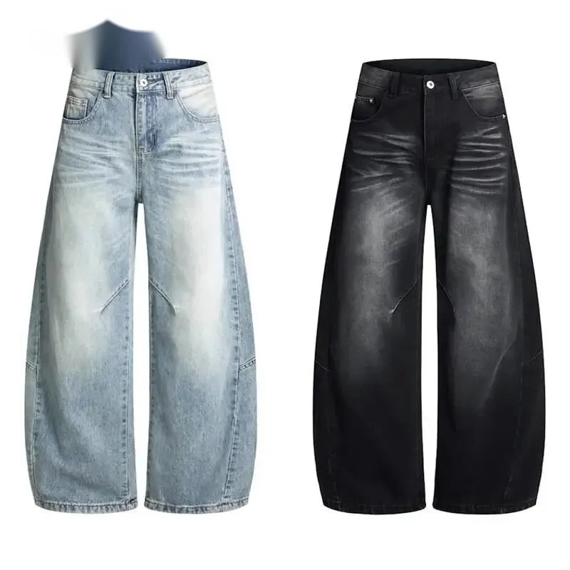 Wide Premium Men's Leg Jeans European Casual Gradient Wash Seam Detail High End Denim Streetwear 4E7L