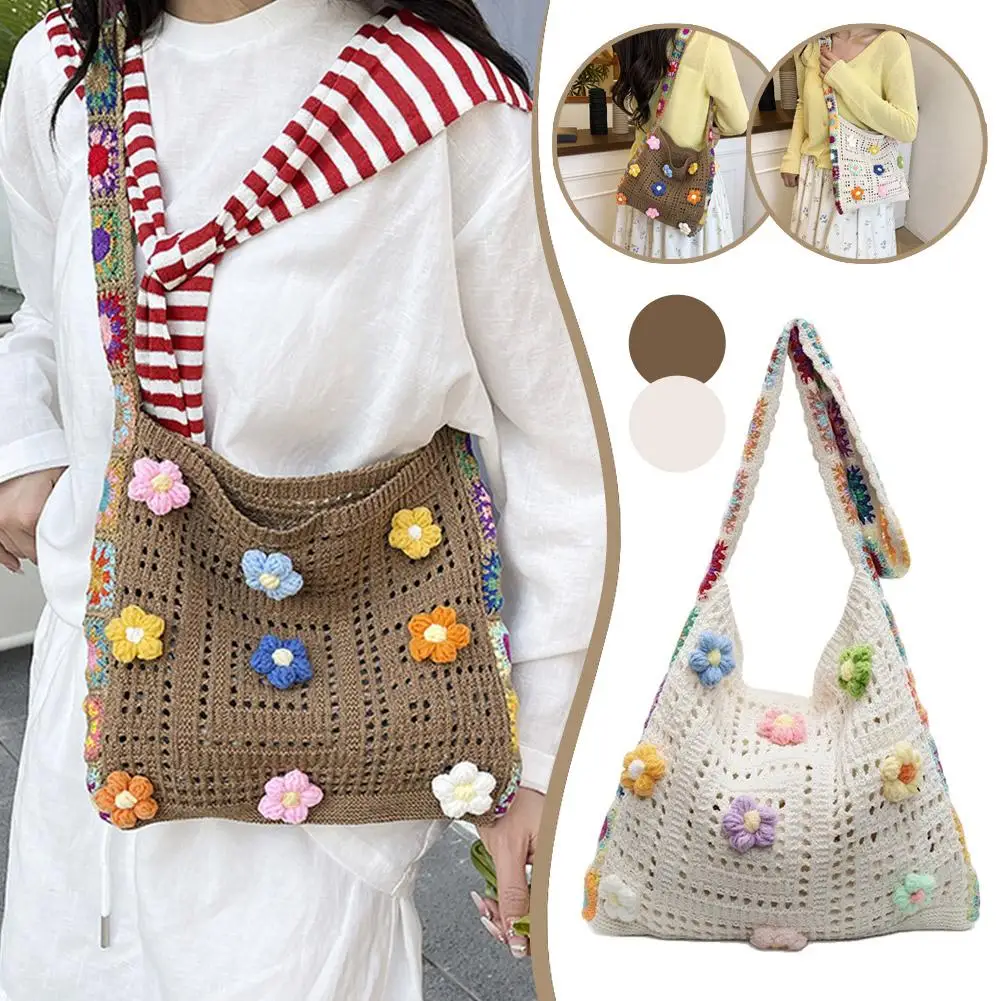 Blumen gestrickte Handtasche leichte Pendler Damen Handtaschen lässig hohles Design Mädchen Unterarm Strandtasche