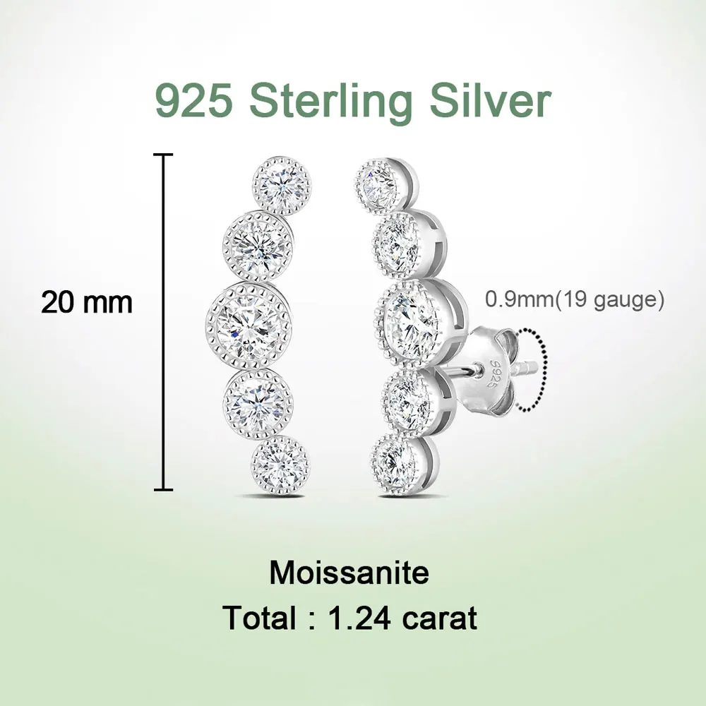 XCY Moissanite Ear Crawler Earrings 5-Stone Round Cut Crawler Studs Sterling Silver Hypoallergenic Bridal Wedding Stud Jewelry