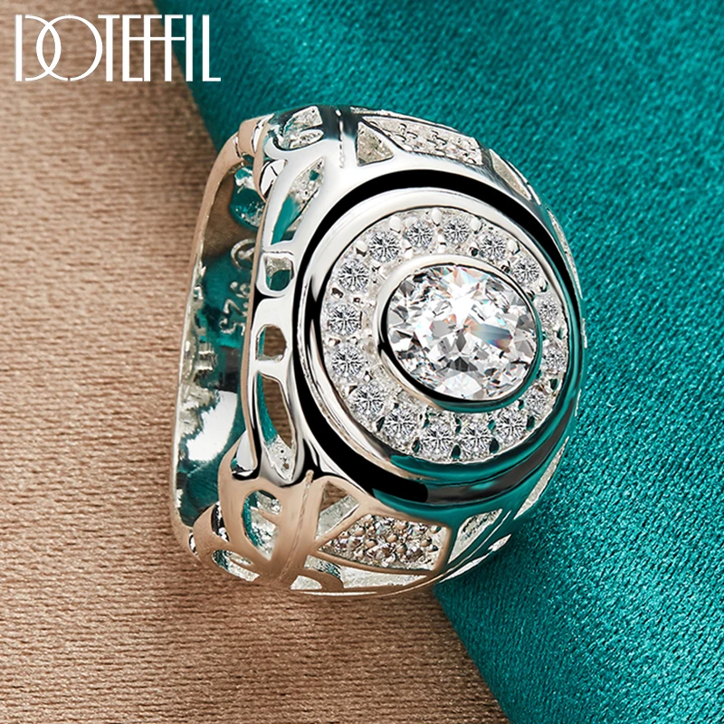 DOTEFFIL 925 en argent Sterling rond grand AAA Zircon bague pour femmes homme mariage fiançailles fête mode charme bijoux