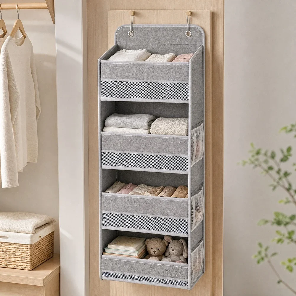 4 Tier Hanging Closet Organizer Over Door Storage Bag with Side Pockets for Household Space Saving Hanging Organizer Home