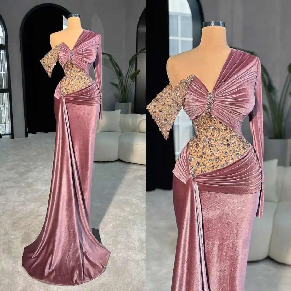 Moderno sereia vestido de noite um ombro manga longa vestidos de baile bainha cristal frisado até o chão vestidos de festa personalizados