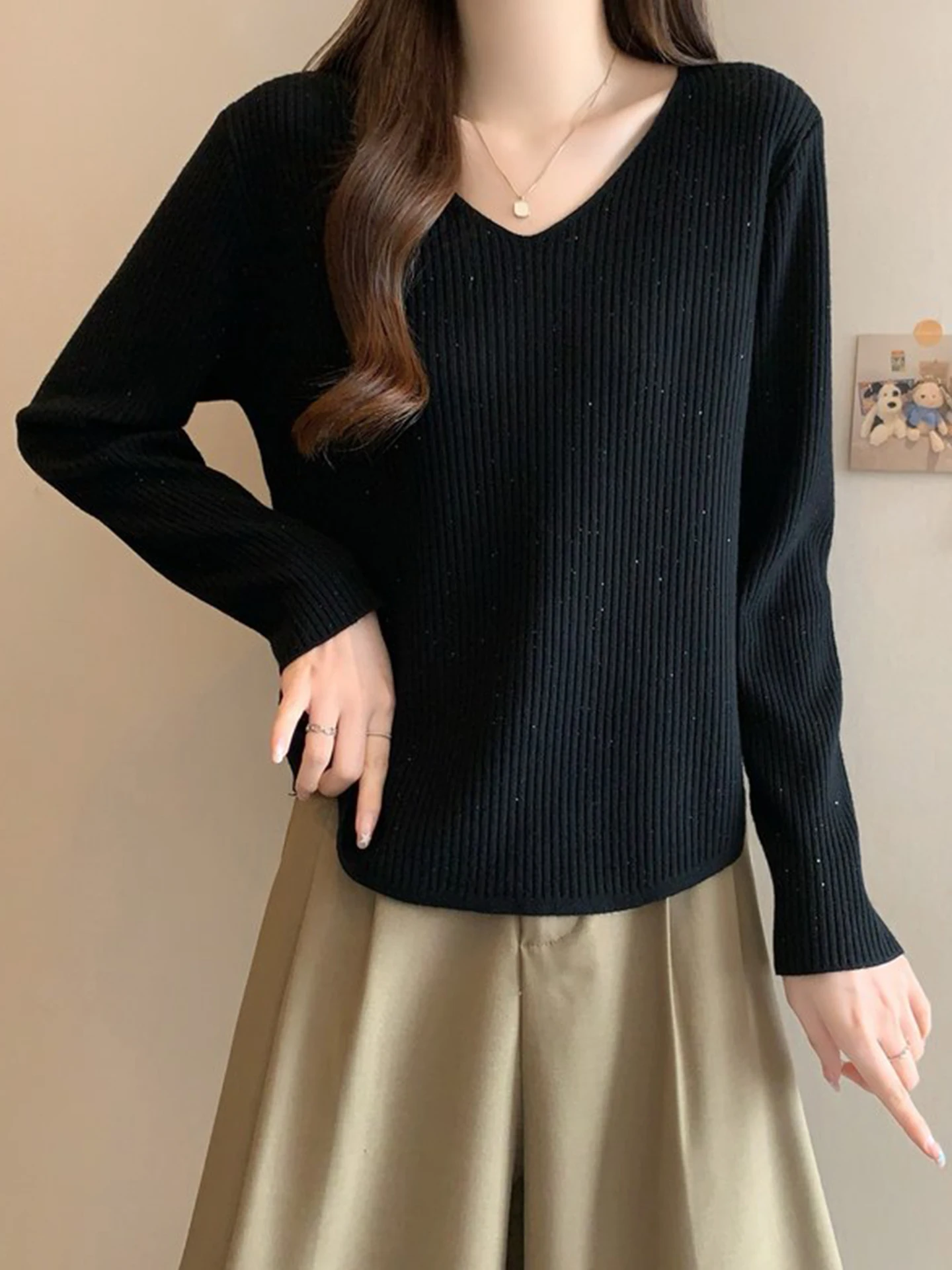 

Женский трикотажный топ Bla V-Ne Sequin с пайетками, облегающий, повседневный, с длинным рукавом, однотонный