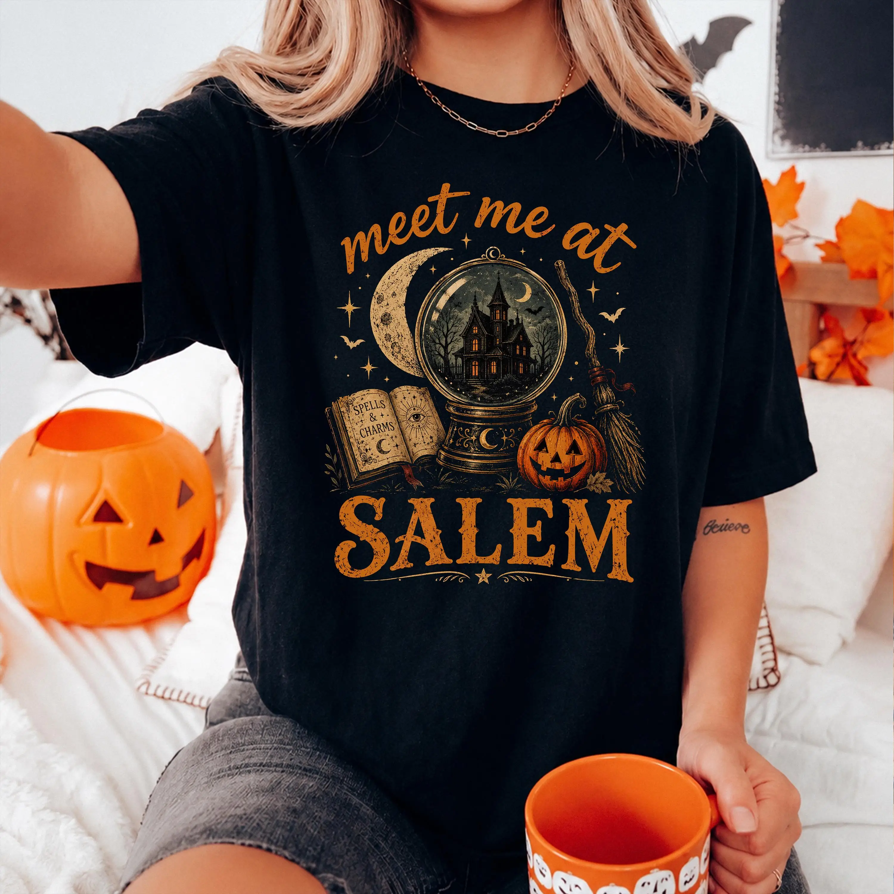 Halloween Magic Theme Magic Book Ghost House Pattern Short Sleeve Men's and Women's Suitable Large Casual Loose T-shirt