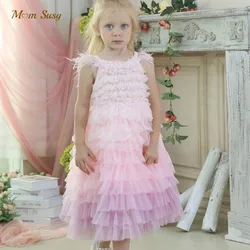 Fashion Baby Girl Princess Feather Sleeve Layered Tutu Dress Toddler Teen Vestido Party Pageant Birthday Baby Clothes 2-12Y