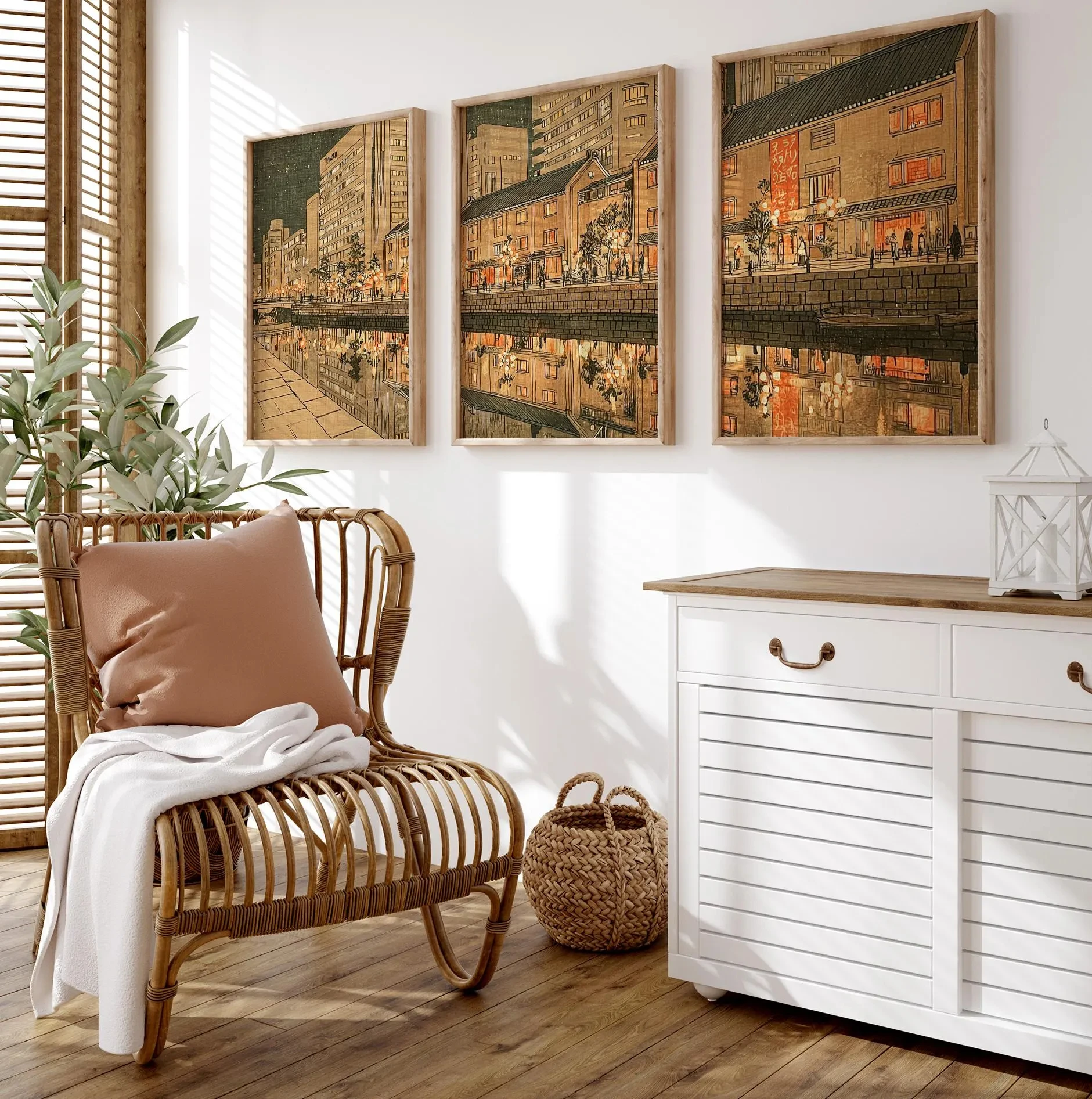 3PCS Frameless,3Pcs Vintage Japanese Canal Wall Art, Ukiyo-e Night Riverside Town Building Canvas Prints, Asian Home Decor & Tra