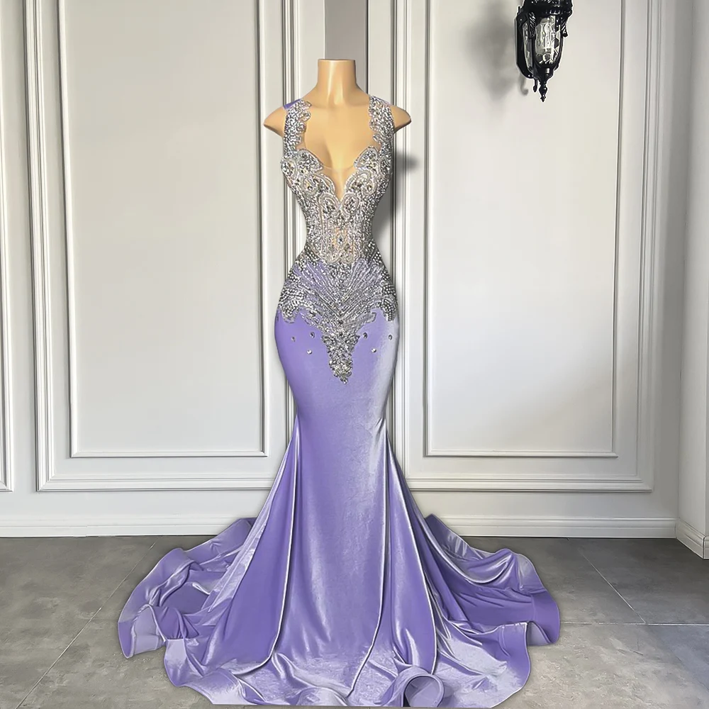 

Long Sparkly Prom Dresses 2025 Gorgeous Sexy Mermaid Style Silver Diamond Black Girls Lavender Velvet Prom Gala Formal Gowns