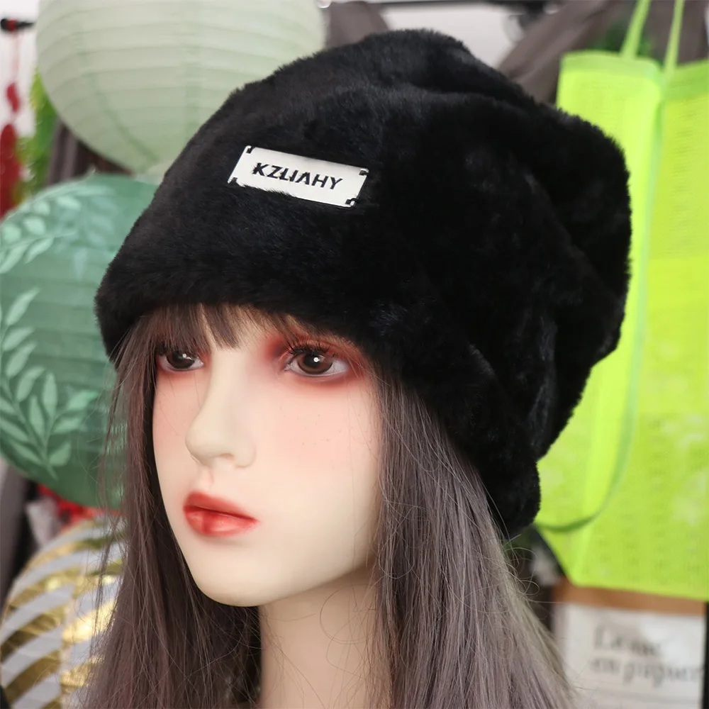 

Harajuku Thickened Fleece Wool Skullies Korean Style Coldproof Letter Pullover Hats High Quality Baggy Warm Wool Cap Streetwear