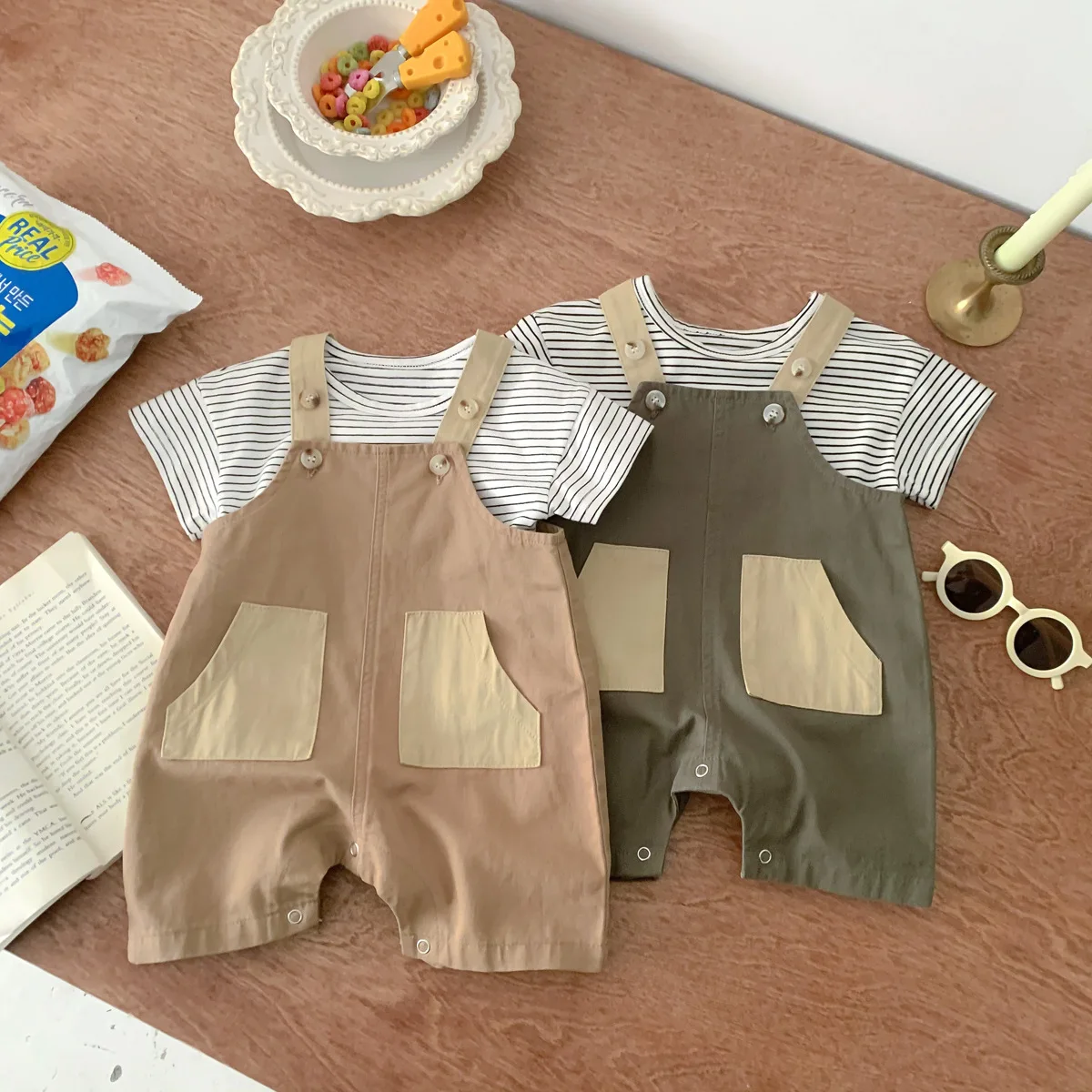 Baby Strap Pants Solid Color Pocket Design Casual Bodysuit Short Pants Spring and Summer Boys Fashion Cool Clothing