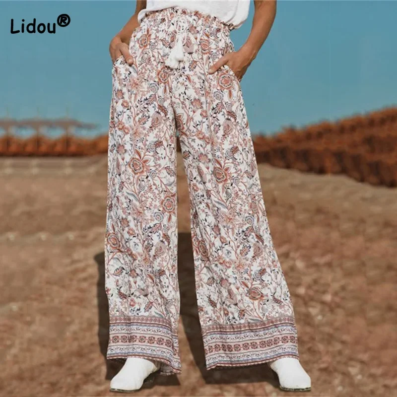 

Casual Wide Leg for Pants Women Spring Summer New Pockets Lanyard Printing All-match Loose Mid Waist Trousers Trend Female