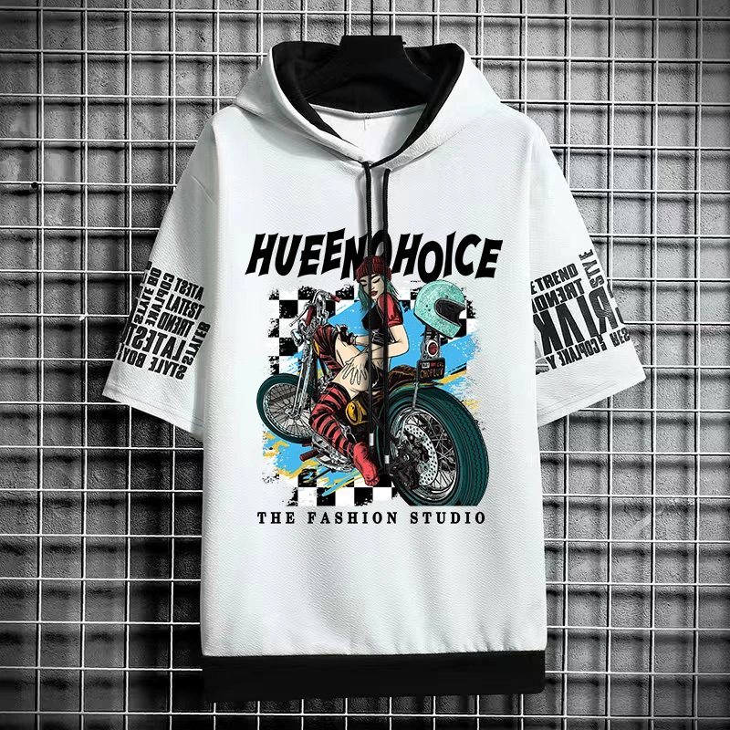 

2024 Fashion Hip Hop Harajuku Short Sleeve Hoodies Summer Men Clothing Sweatshirts Streetwear Print Motorcycle Girl Hooded Tops